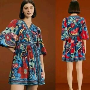 NWT FARM Rio Vintage Forest Blue Mimi Dress-Size S